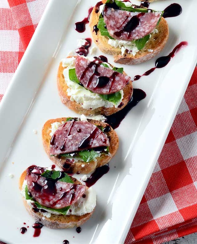 Salami and Goat Cheese Crostini with Pinot Noir Sauce