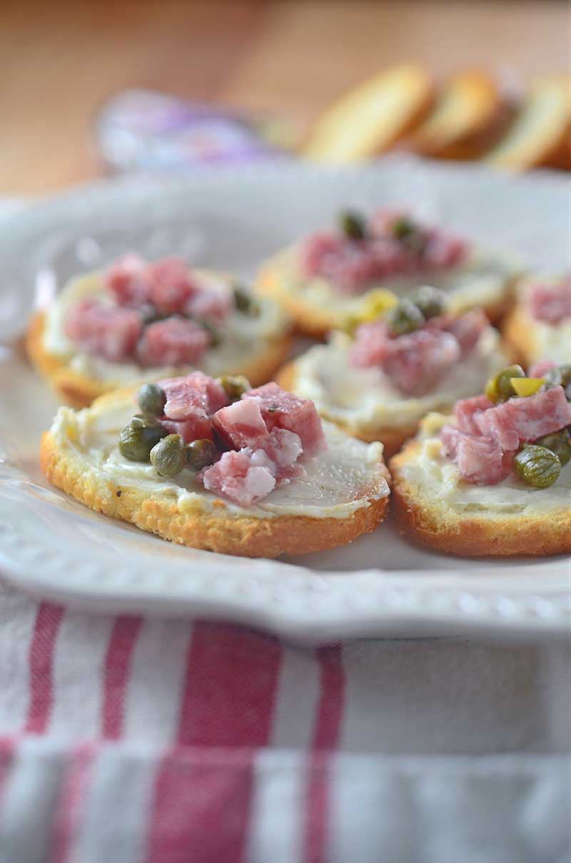 5 minute Salami Caper Crostini