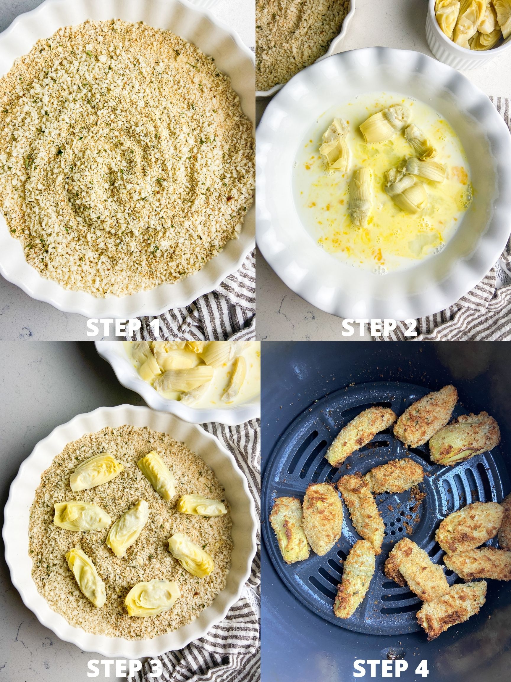 Step by step photos showing how to make air fried artichoke hearts.