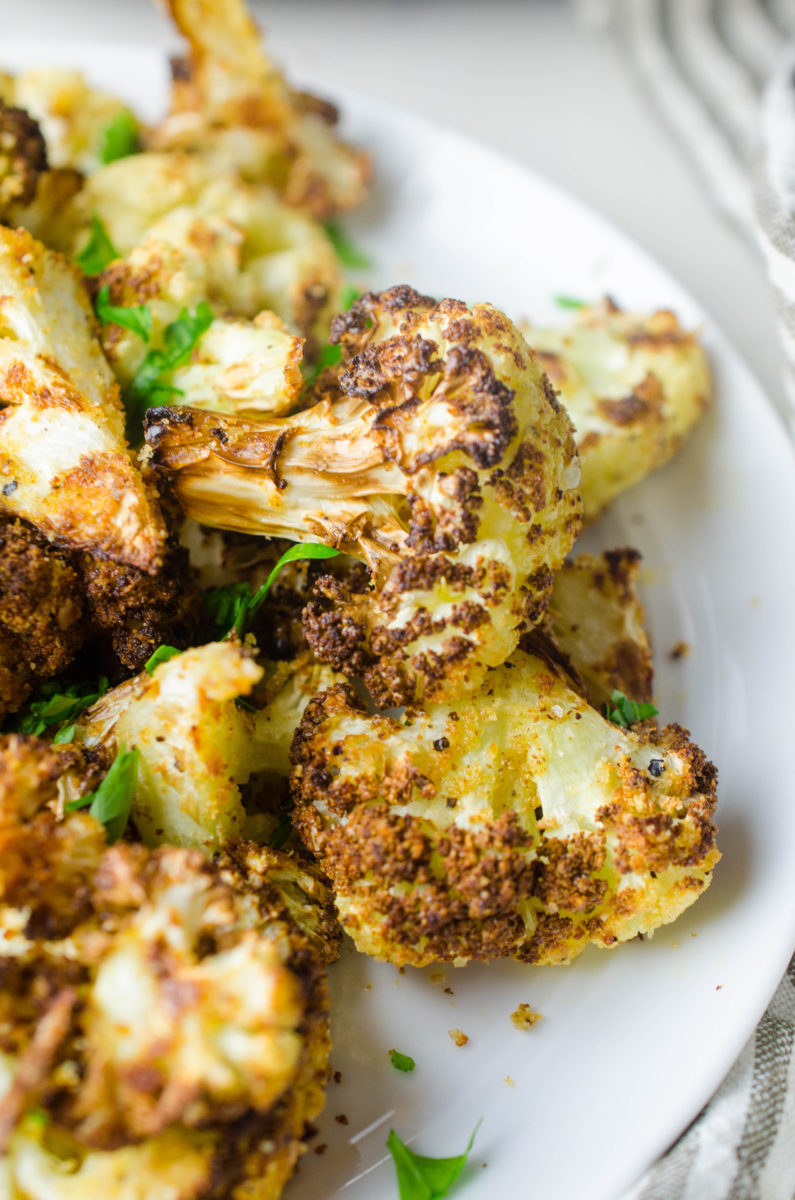 Side angle photo of air fried cauliflower