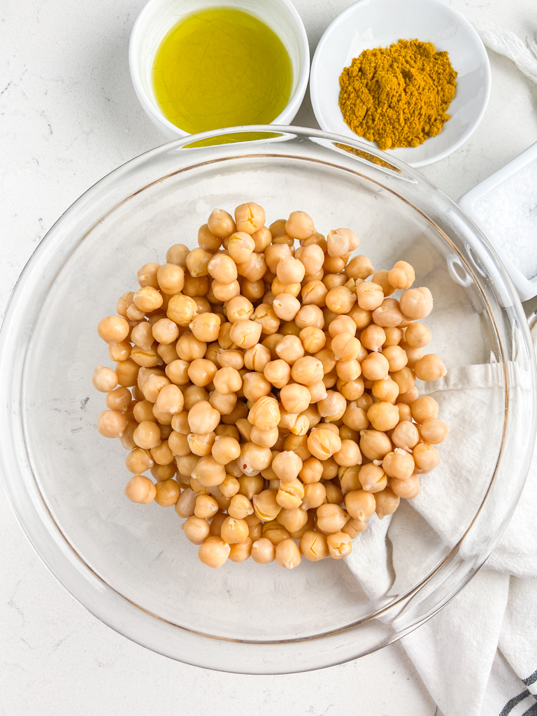 Overhead photo of ingredients needed to make crispy chickpeas in the air fryer. 