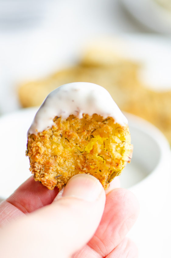 air fryer fried pickle chip dipped in ranch.