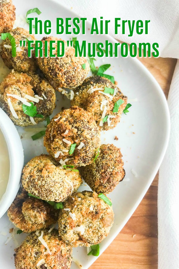 Crispy breaded air fryer mushrooms are lighter than traditional fried mushrooms and ready in under 10 minutes! Easy, delicious and perfect for game day! #airfryerrecipes #airfryer #mushrooms #friedmushrooms