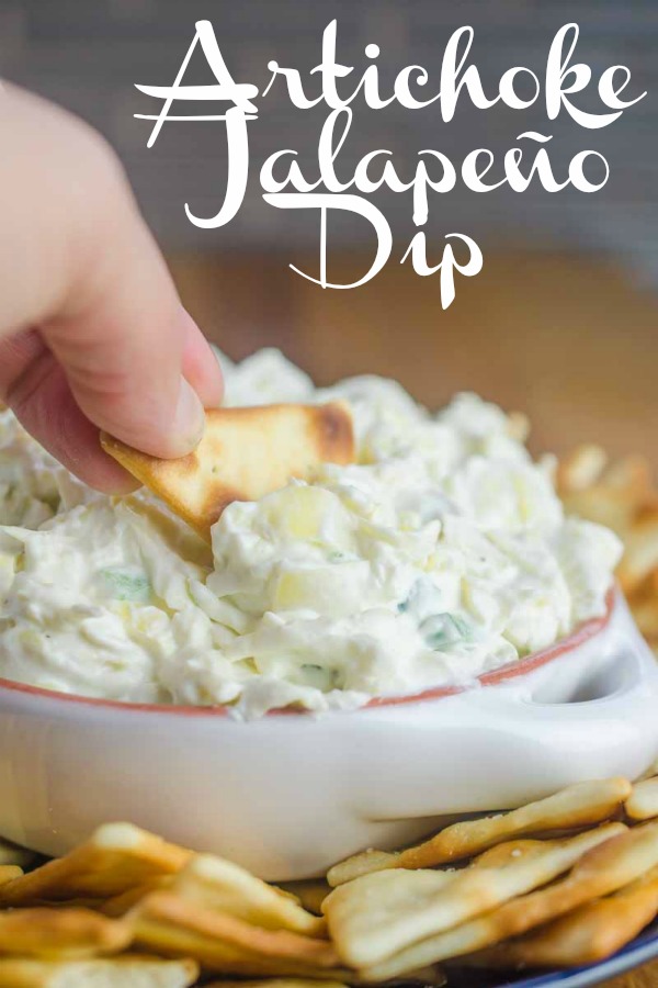 Artichoke Jalapeño Dip is a MUST for potlucks and parties! #artichokedip #vegetarian #jalapeno #appetizer #footballfood 