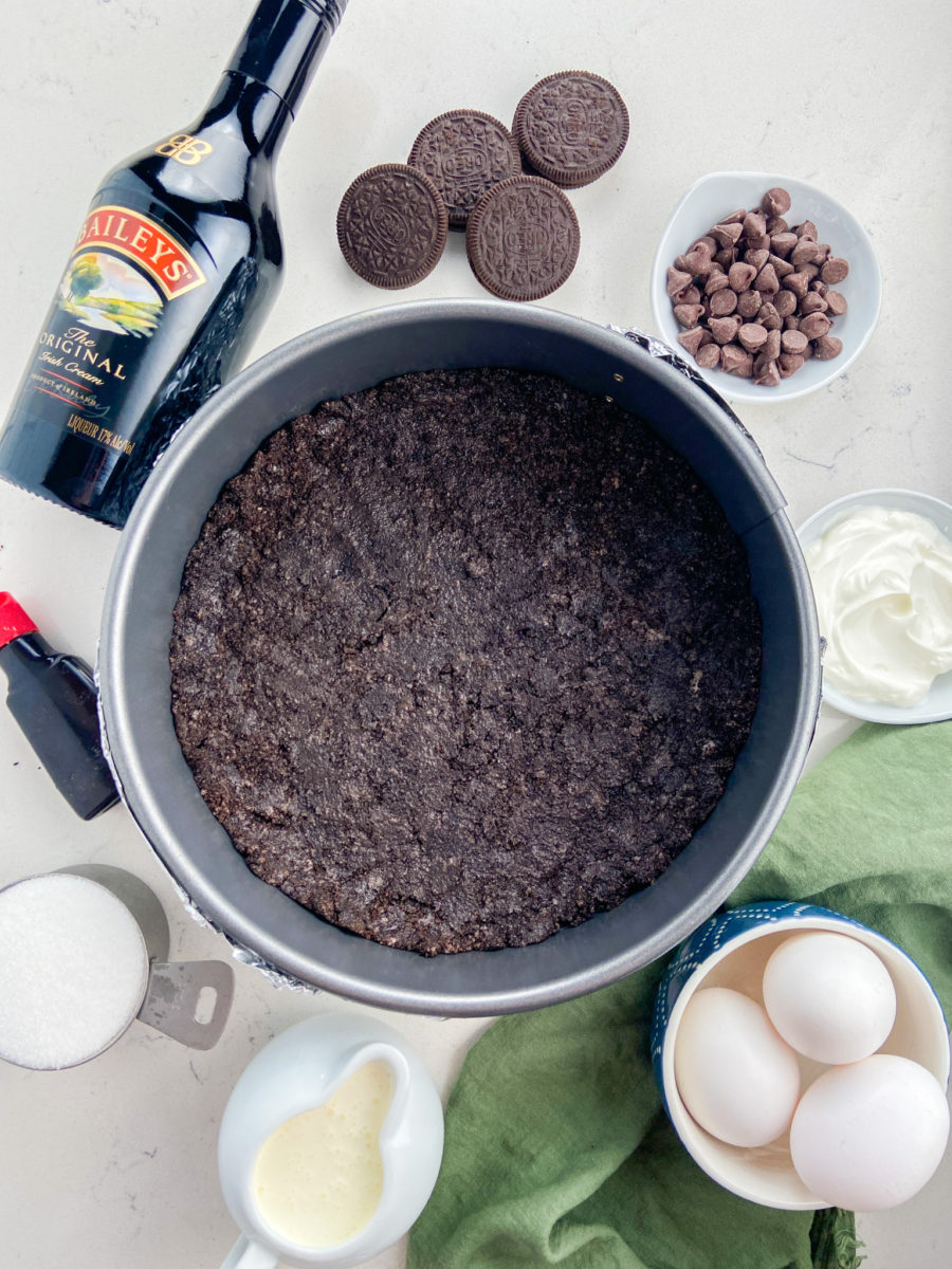 Oreo crust in spring form pan. 