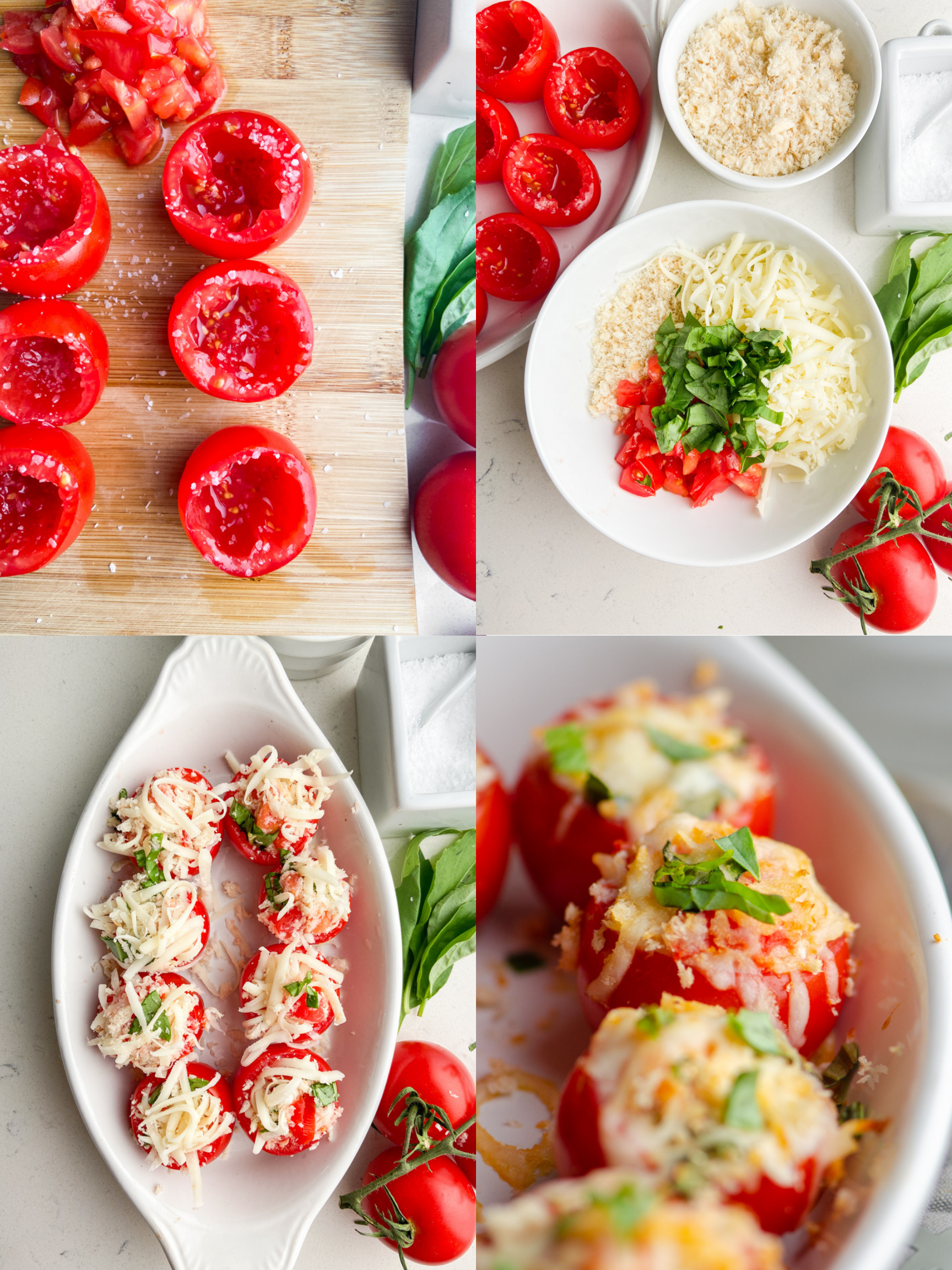Step by step photos showing how to make stuffed tomatoes. 