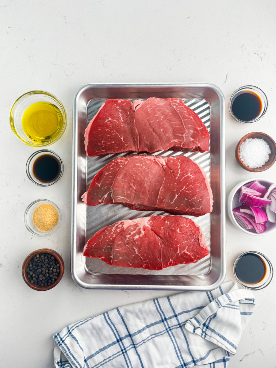 Balsamic beef skewer ingredients on a white background. 