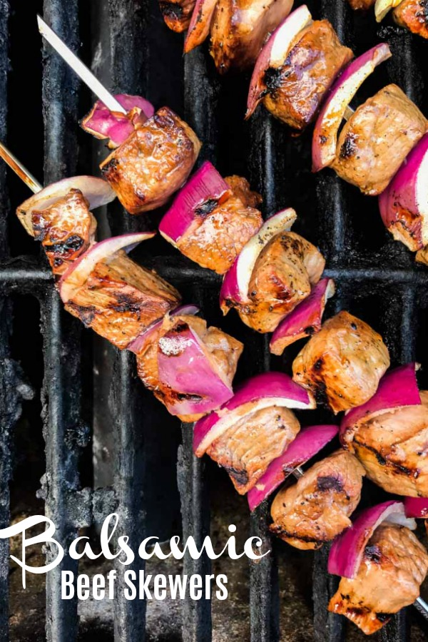 Balsamic Beef Skewers are a must for your summer BBQs. Tri Tip marinated in balsamic and grilled to perfection.  #grilling #beef #tritip #shishkebob #skewers