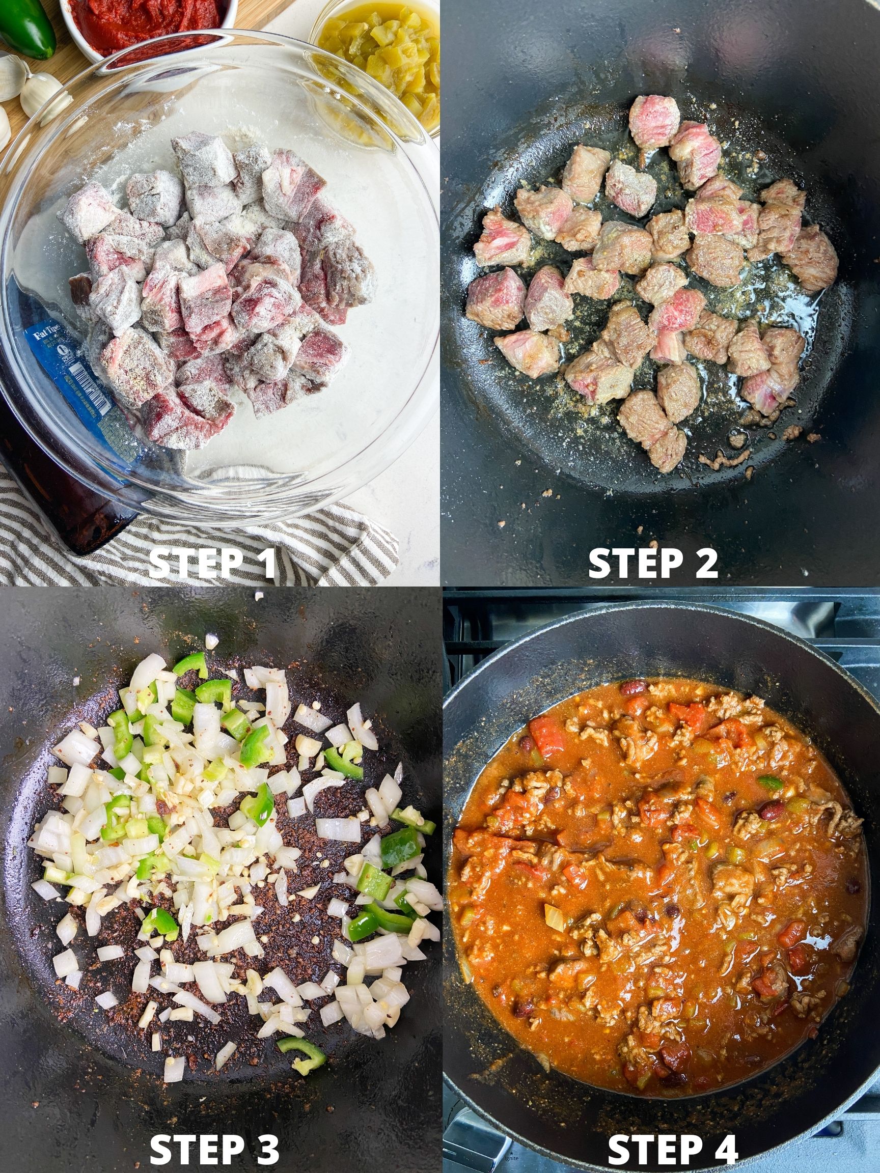 Step by step photos showing how to make beef chili