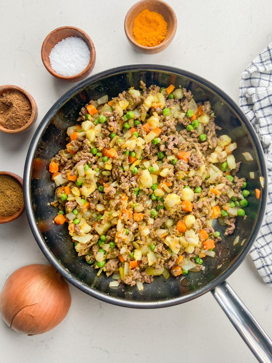 Samosa filling in a skillet. 