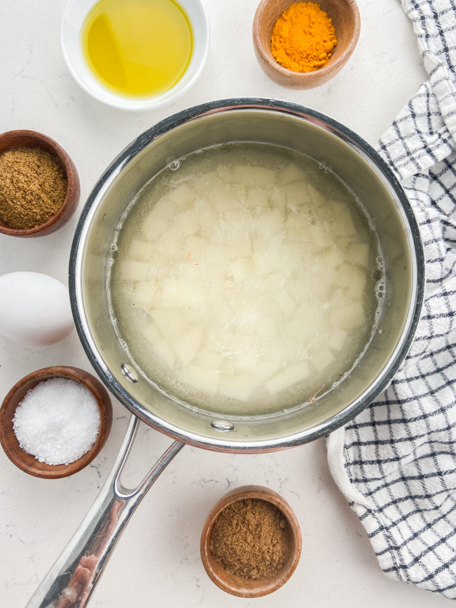 Diced potatoes in a pot of water. 