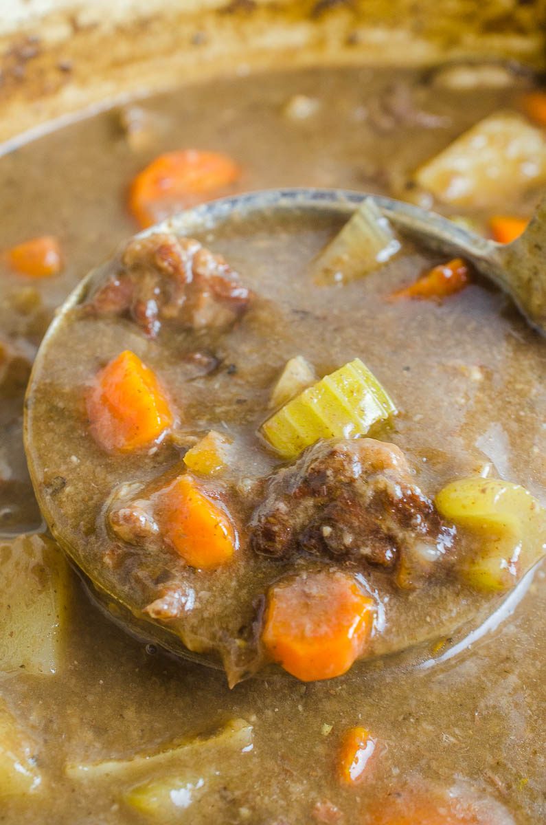Beef stew in a ladle 