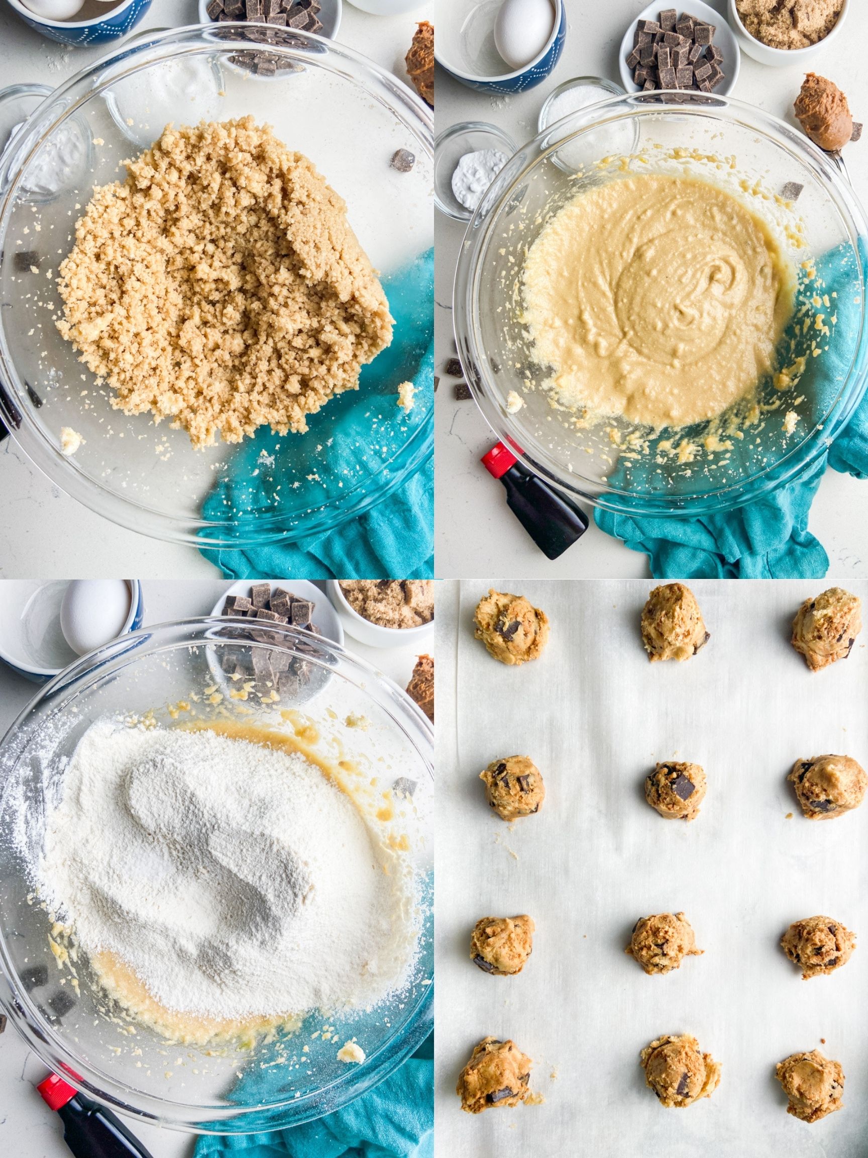 A collage of step by step photos showing how to make chocolate chip cookies with Biscoff spread. 