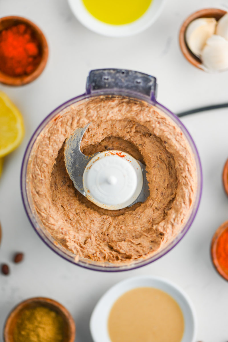 Black bean hummus in food processor. 