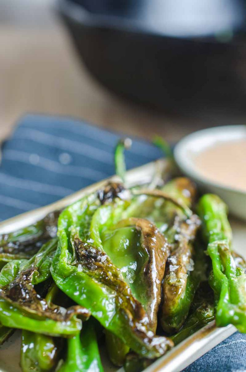 Blistered shishito peppers are pan fried until crispy and served with a sriracha cream sauce. A quick and easy appetizer for pepper lovers