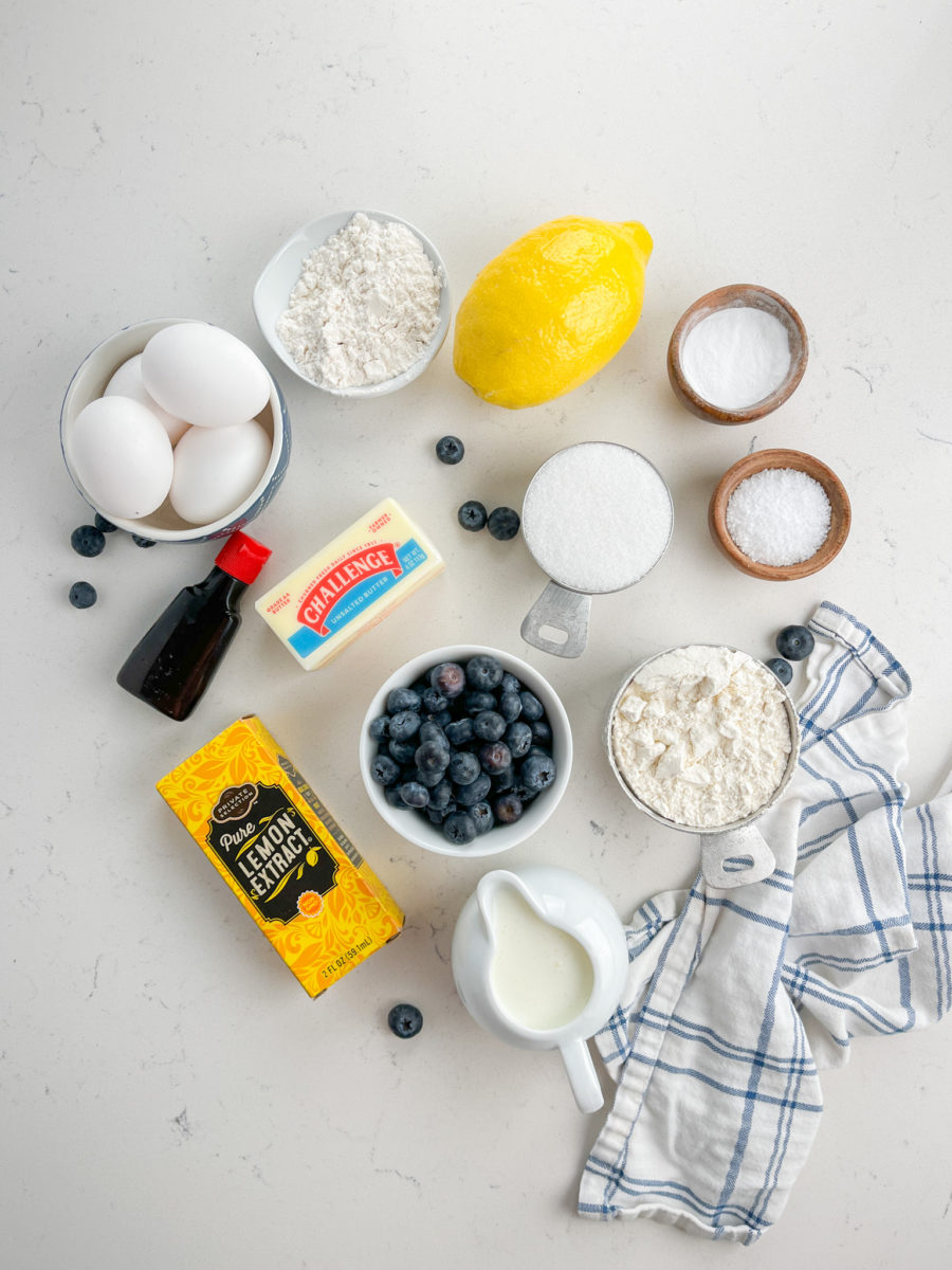 Blueberry Lemon Cake ingredients on white background. 