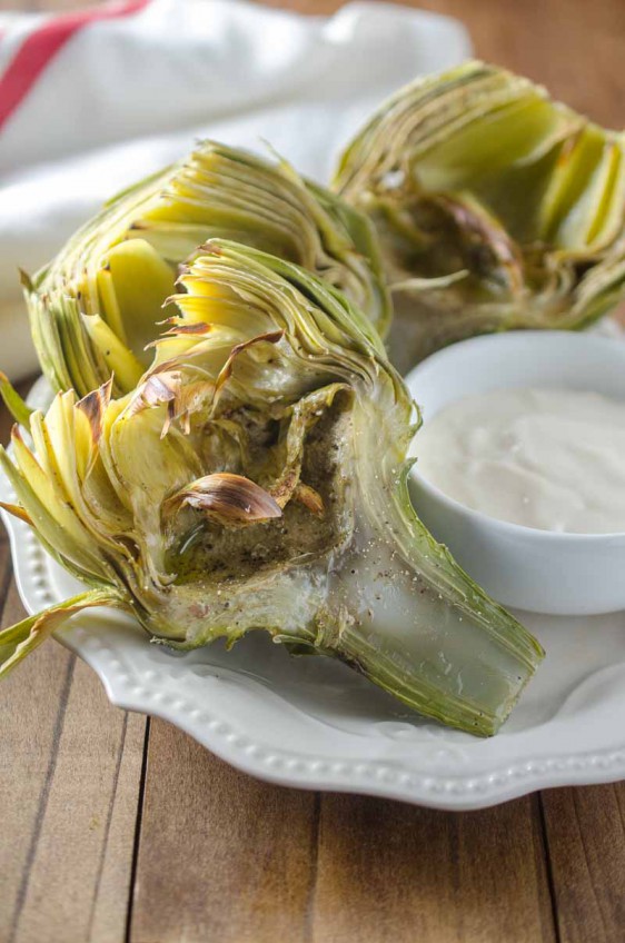 Broiled Artichokes with Malt Vinegar Aioli