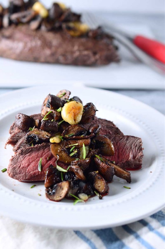 Broiled Flat Iron Steak with Herb Roasted Mushrooms