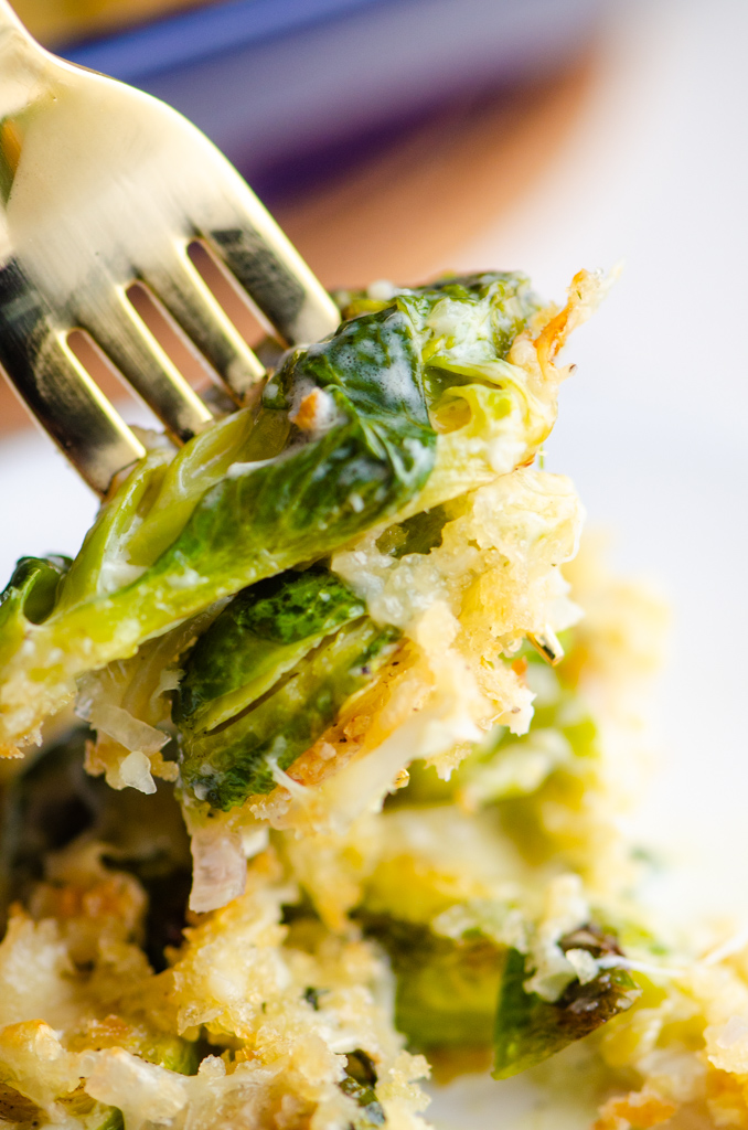 Forkful of brussels sprouts gratin.