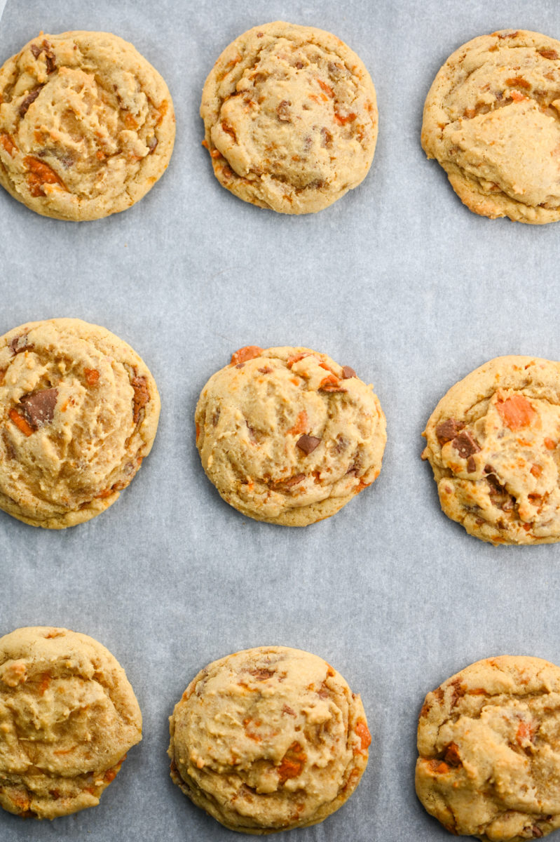 Butterfinger cookies on baking sheet.