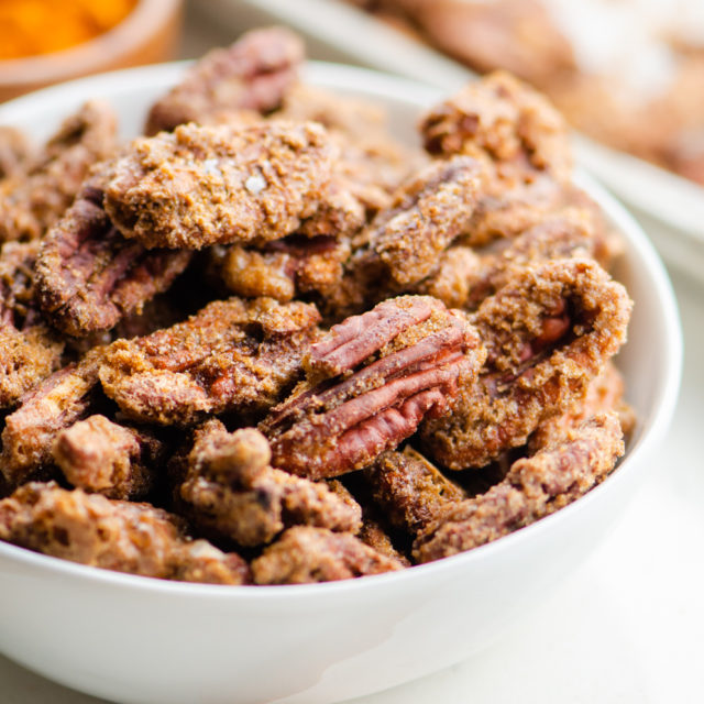 Sugared Pecans in a white bowl.