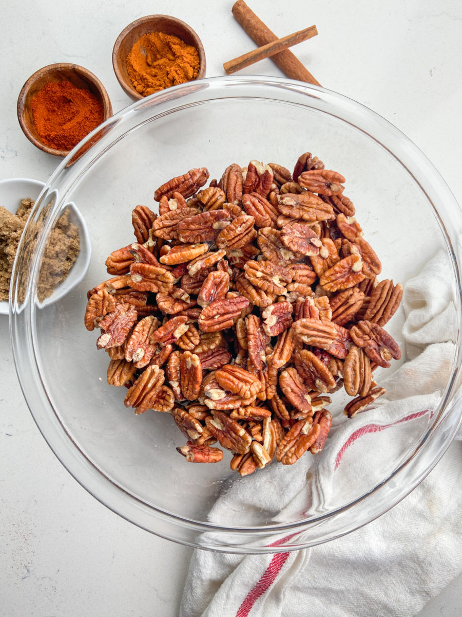 Pecans in a glass bowl. 