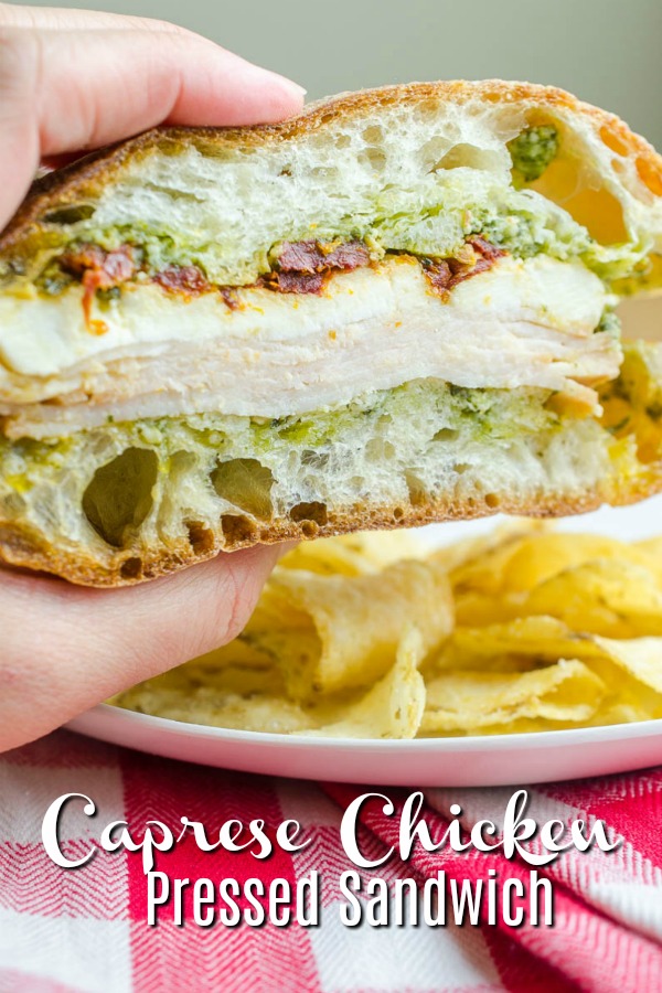 #ad Caprese Chicken Sandwich. A pressed sandwich with only 5 ingredients and picnic perfect! #chicken #capresechicken #pressedsandwich #sandwich #picnic