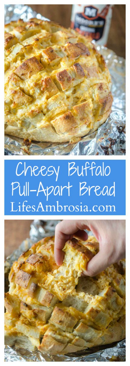 #ad This Cheesy Buffalo Pull-Apart Bread loaded with 3 cheeses, chicken and Moore's Original Buffalo Sauce, is perfect for all of your game day shenanigans!