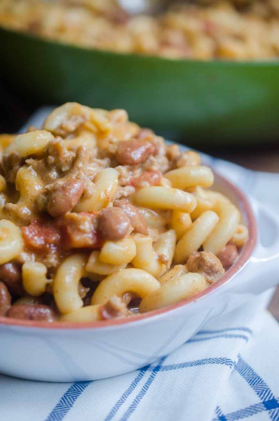 Cheesy Chili Mac. A homemade version of a childhood favorite with homemade mac n'cheese and a quick turkey chili. 