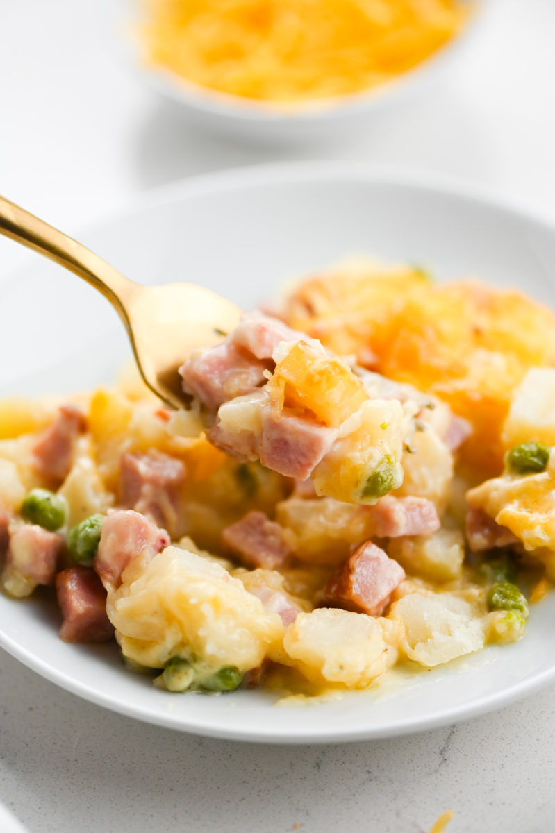 A forkful of ham casserole