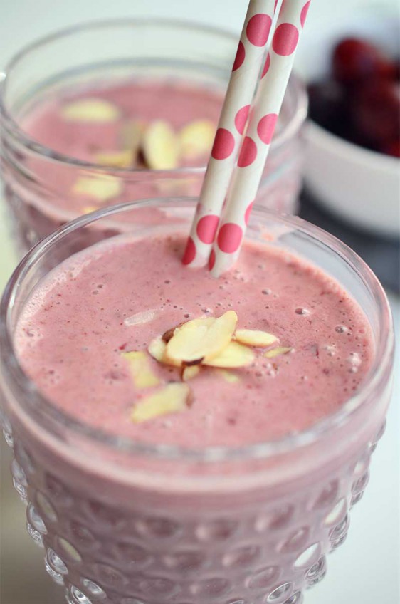 This Cherry Almond Smoothie loaded with kefir, greek yogurt, sweet cherries and almond butter is a great way to start the day!