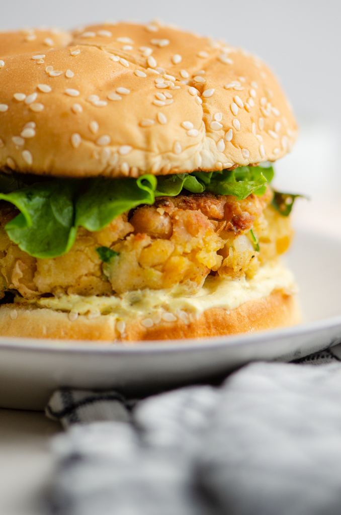 Close  up photo of chickpea burger. 