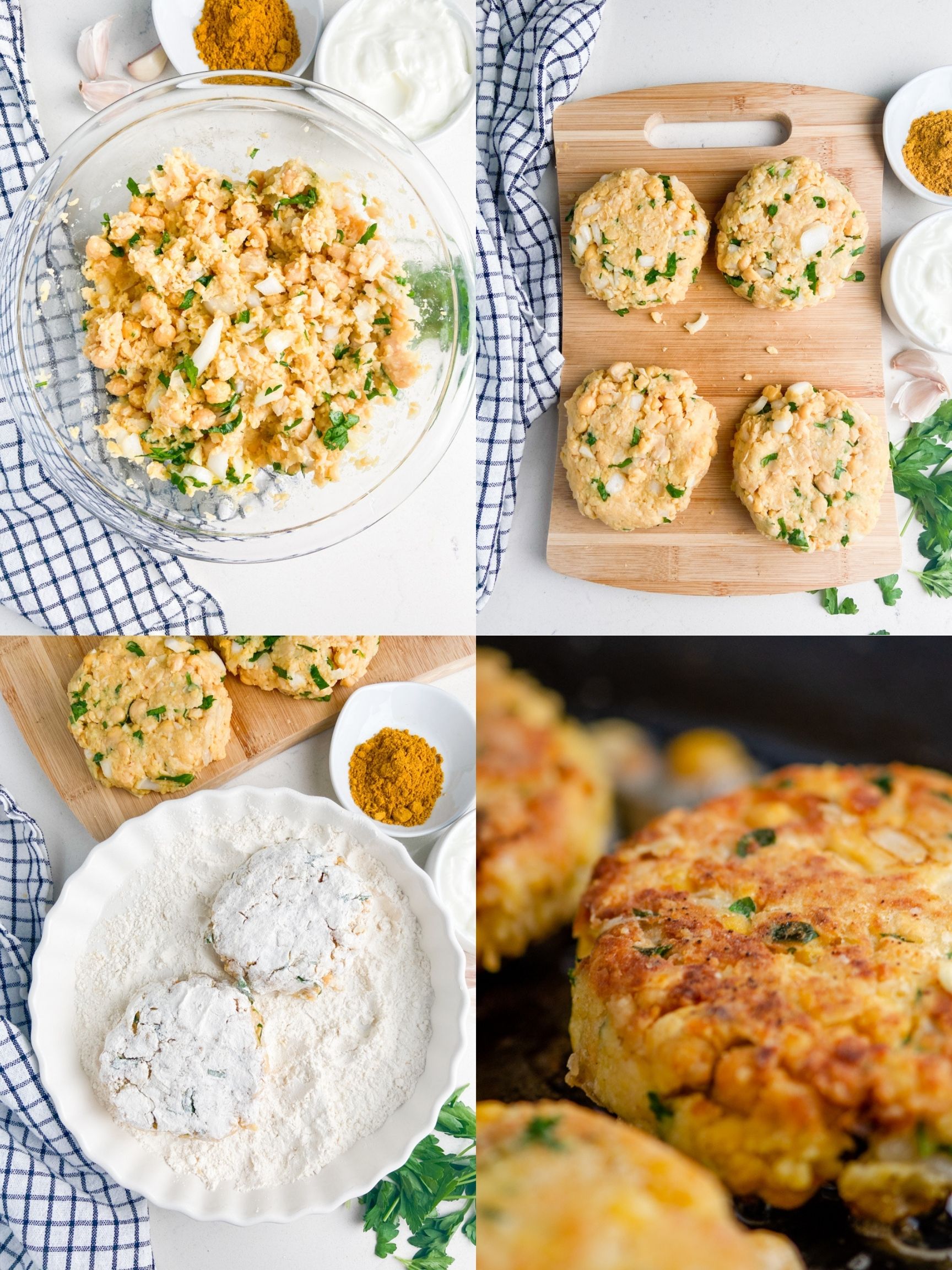 A collage of step by step photos showing how to make chickpea burgers. 