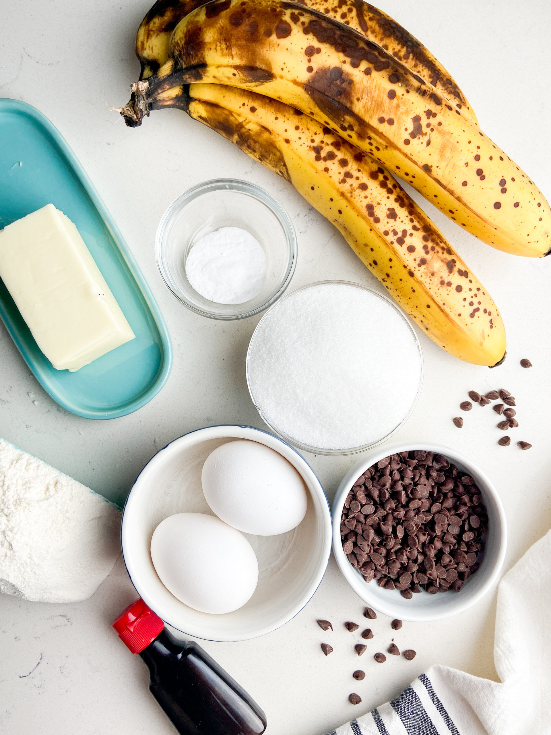 Overhead photo of ingredients needed to make chocolate chip banana bread.