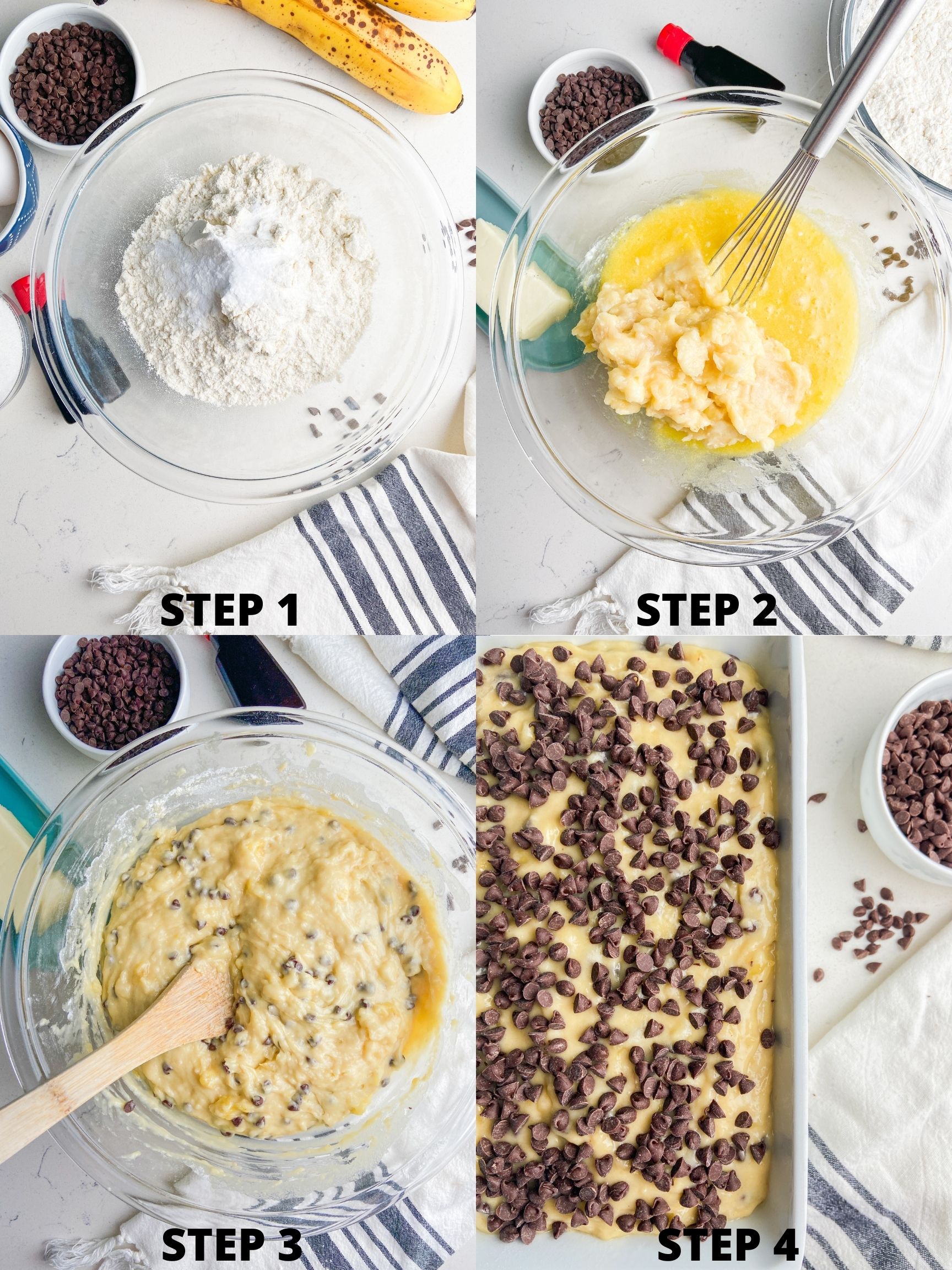 Step by step photos showing how to make chocolate banana bread. 