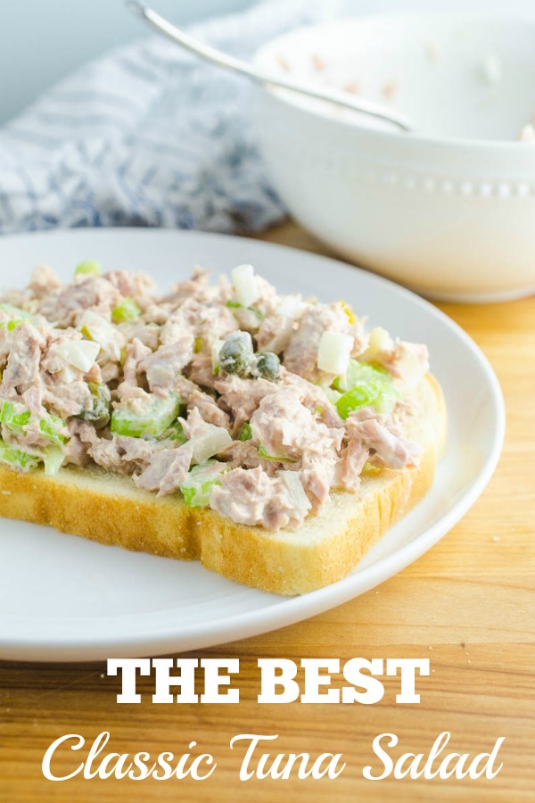 Classic Tuna Salad is a great, protein packed option for lunch. Serve it on sandwiches, crackers or with lettuce for wraps. It's full of flavor and ready in a flash! #tunasalad #tuna #seafood #sandwiches 