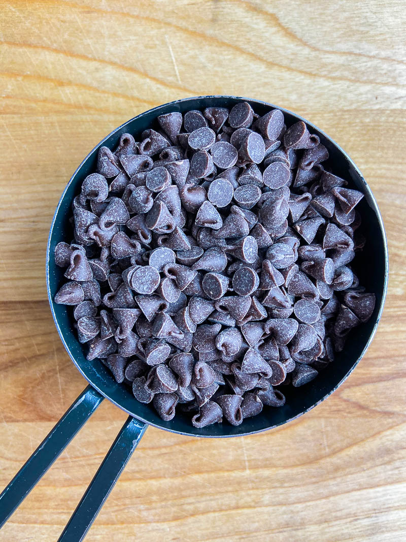 Mini chocolate Chips in a measuring cup. 