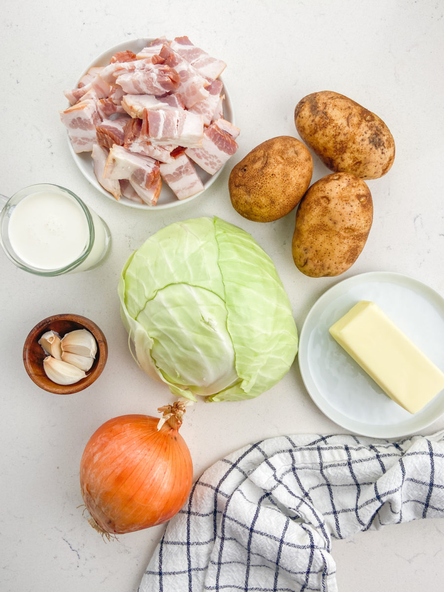 Overhead photo of colcannon ingredients. 