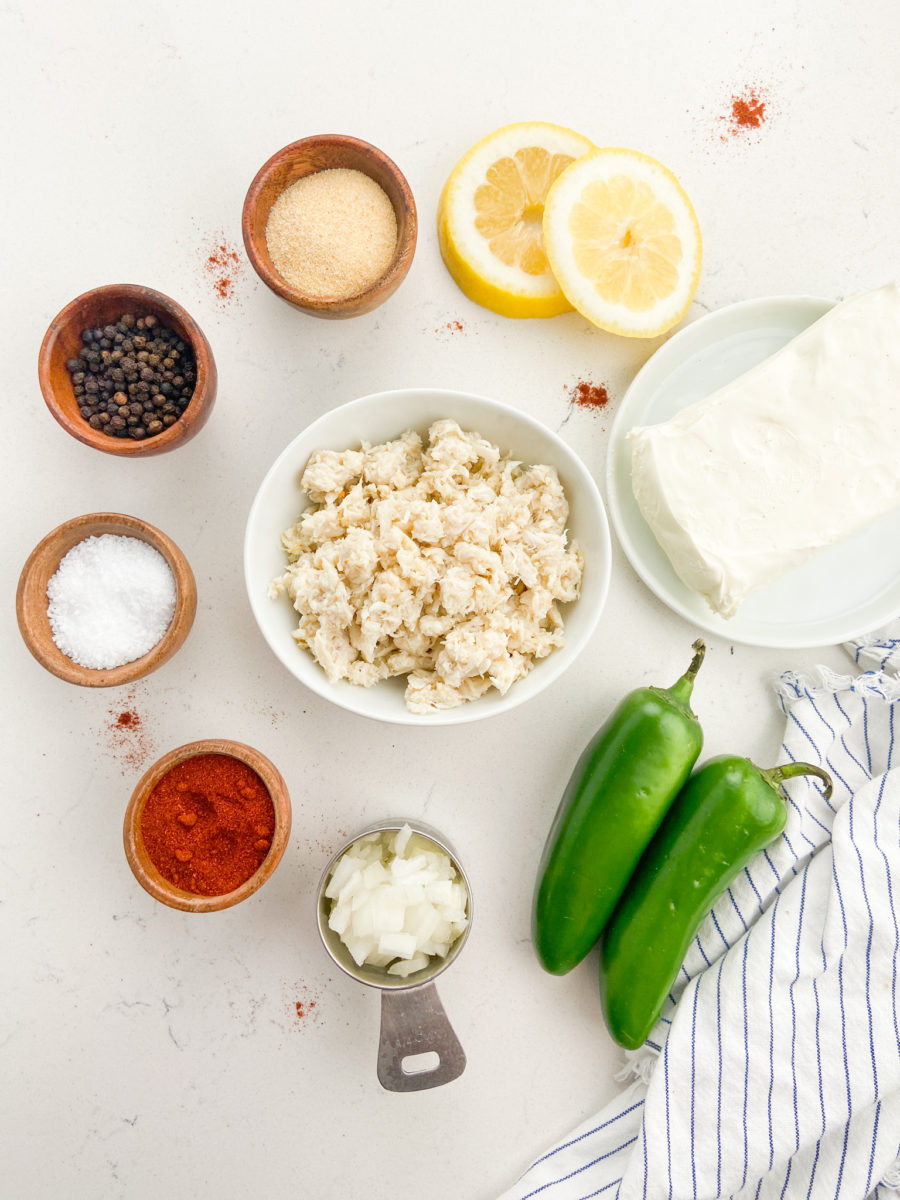 Cold crab dip ingredients on white background. 