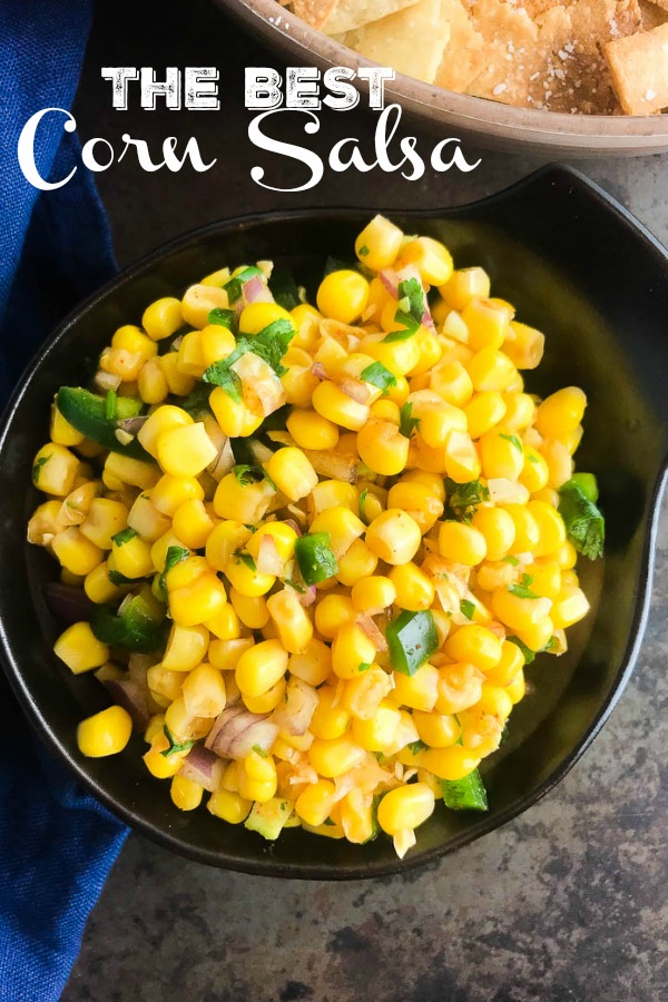 This corn salsa is easy to make and loaded with goodies. It makes a great dip for chips, a topping for tacos and even salads. #salsa #corn 