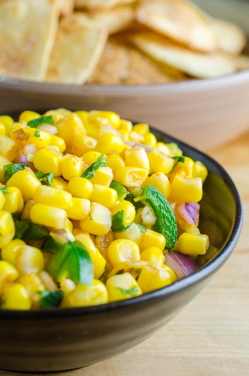 Easy Corn Salsa with tortilla chips