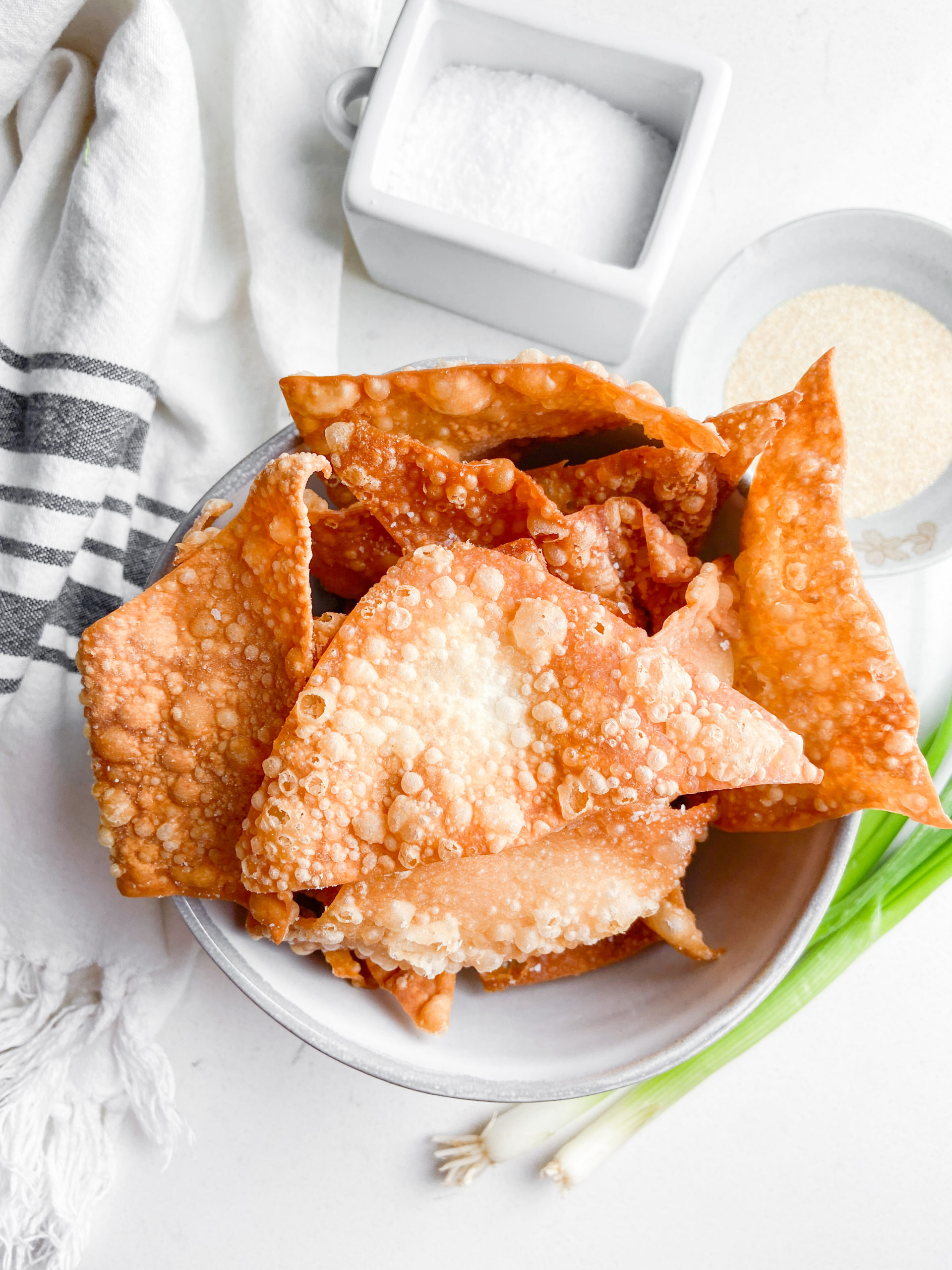 Overhead photo of fried wonton chips. 