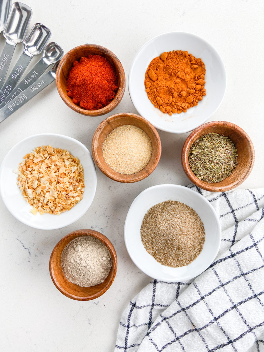 Overhead photo of Cajun seasoning ingredients. 