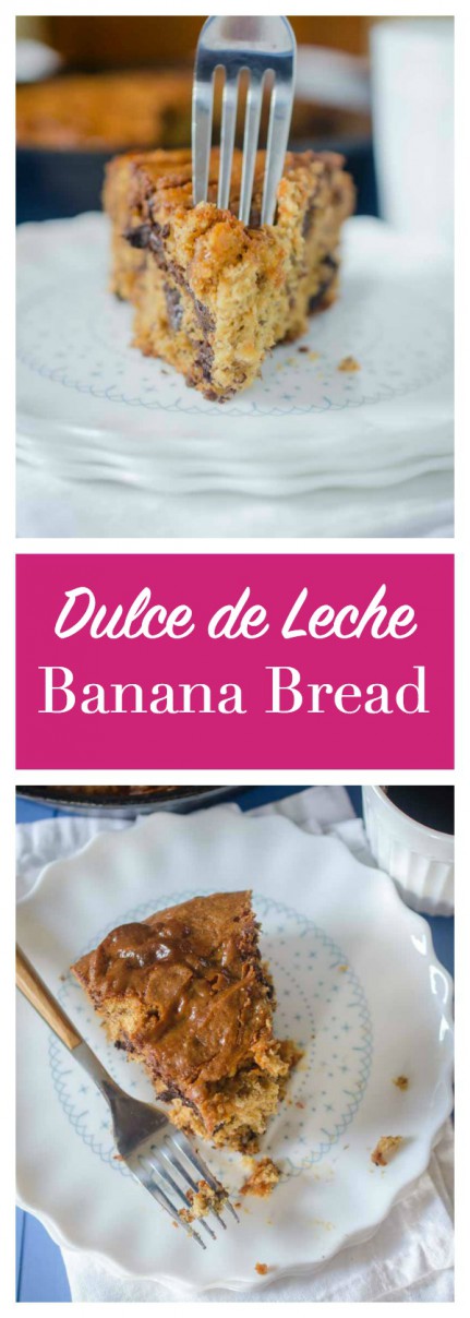 Dulce de Leche Banana Bread with dark chocolate chunks and a swirl of Dulce de Leche. Serve it for breakfast or dessert...or both.