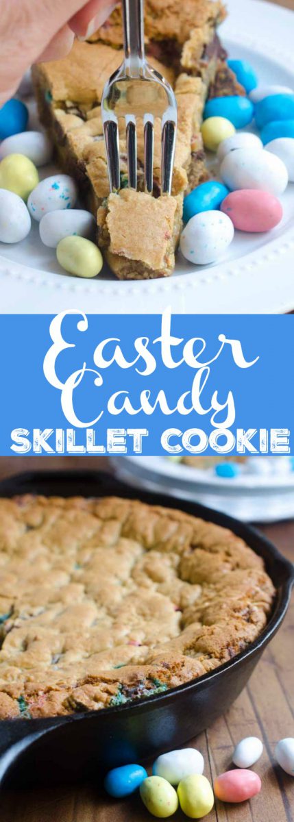 What's better than Easter candy? A big ol' Easter Candy Skillet Cookie! This Easter Skillet Cookie is loaded with chocolate chips, malted milk and malted robin eggs.