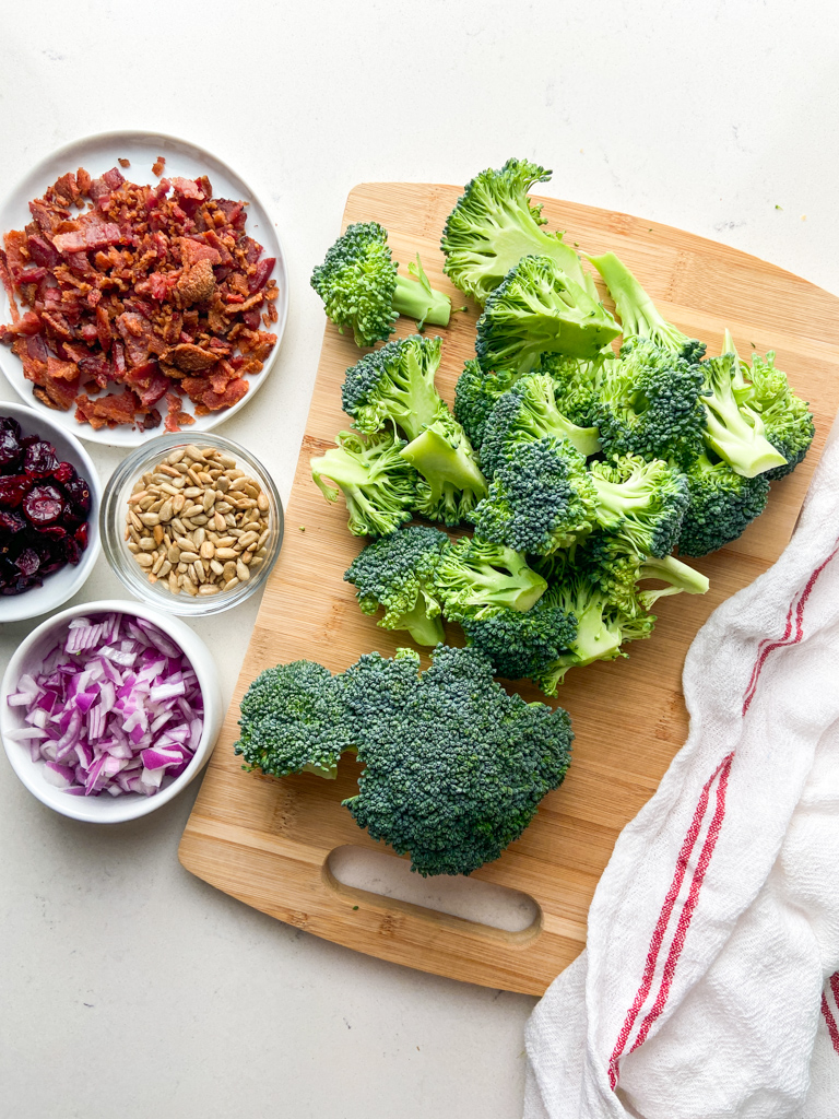 Overhead photo of ingredients needed for broccoli salad. 