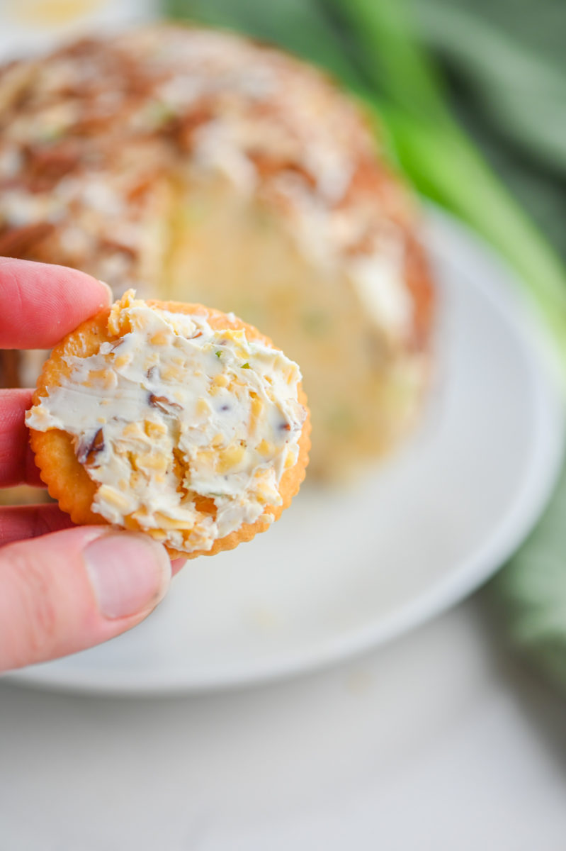 Cheese ball spread on ritz cracker. 