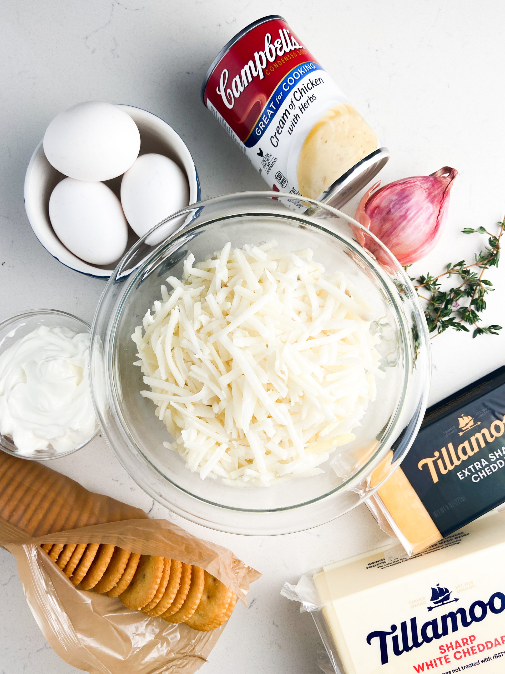 Overhead photo of ingredients needed for hashbrown casserole. 