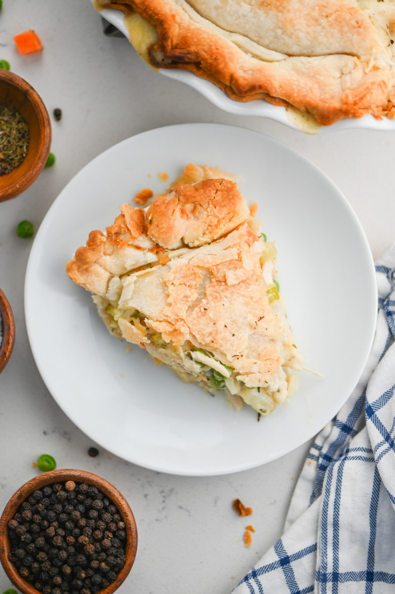 Chicken Pot Pie on white plate. 