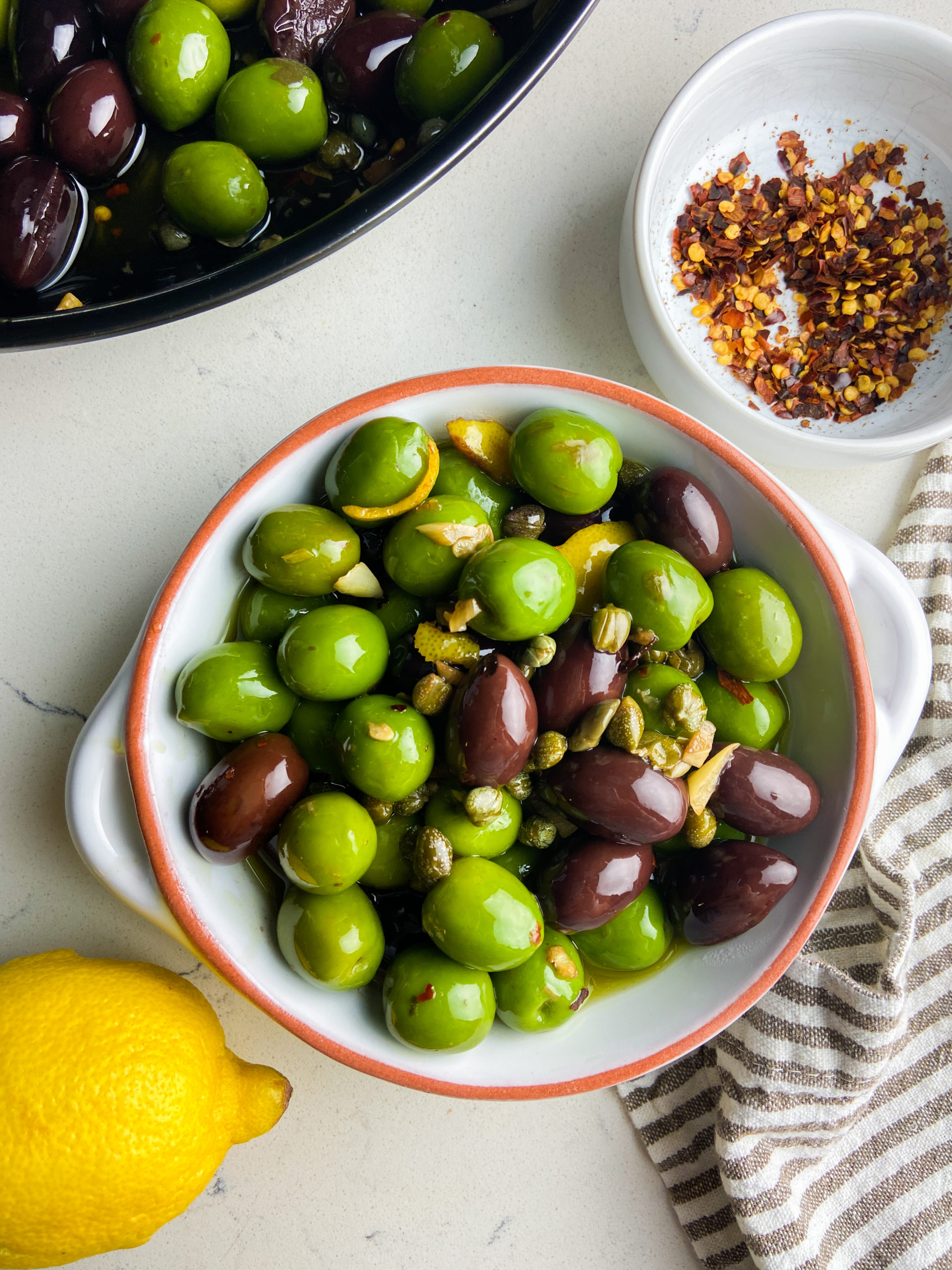 Overhead photo of marinated olives